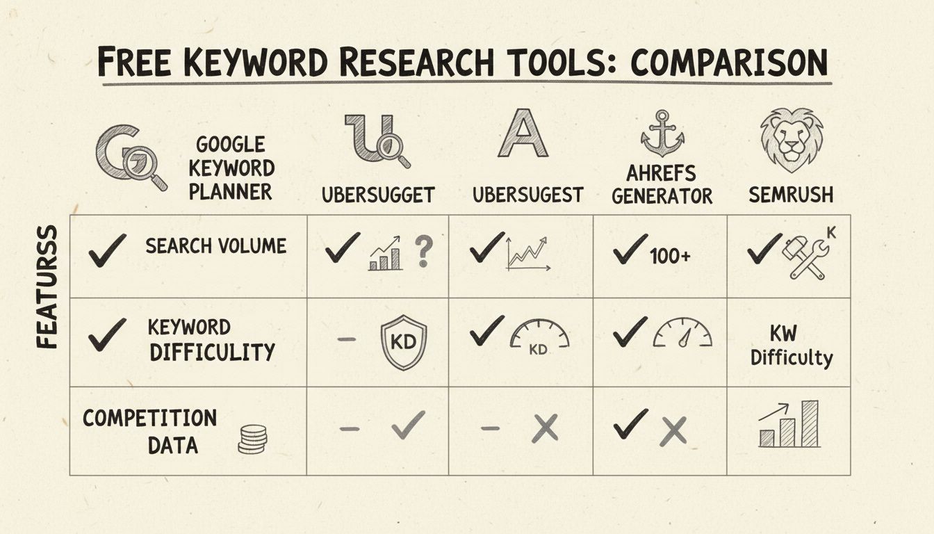 Diagramma comparativo degli strumenti gratuiti di ricerca delle parole chiave che mostra funzionalità e metriche per Google Keyword Planner, Ubersuggest, Ahrefs e Semrush