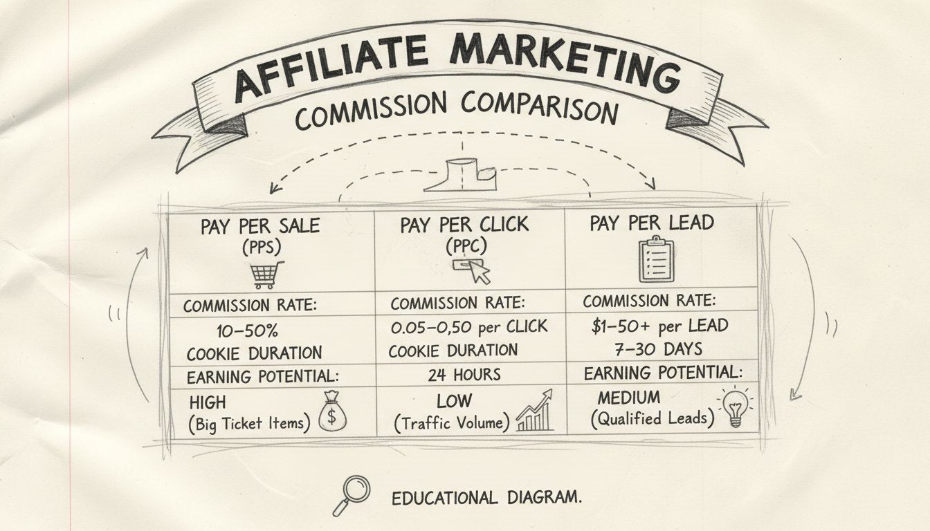 Diagramma disegnato a mano che confronta i modelli di commissione affiliati mostrando PPS vs PPC vs PPL con percentuali, durata dei cookie e potenziale di guadagno