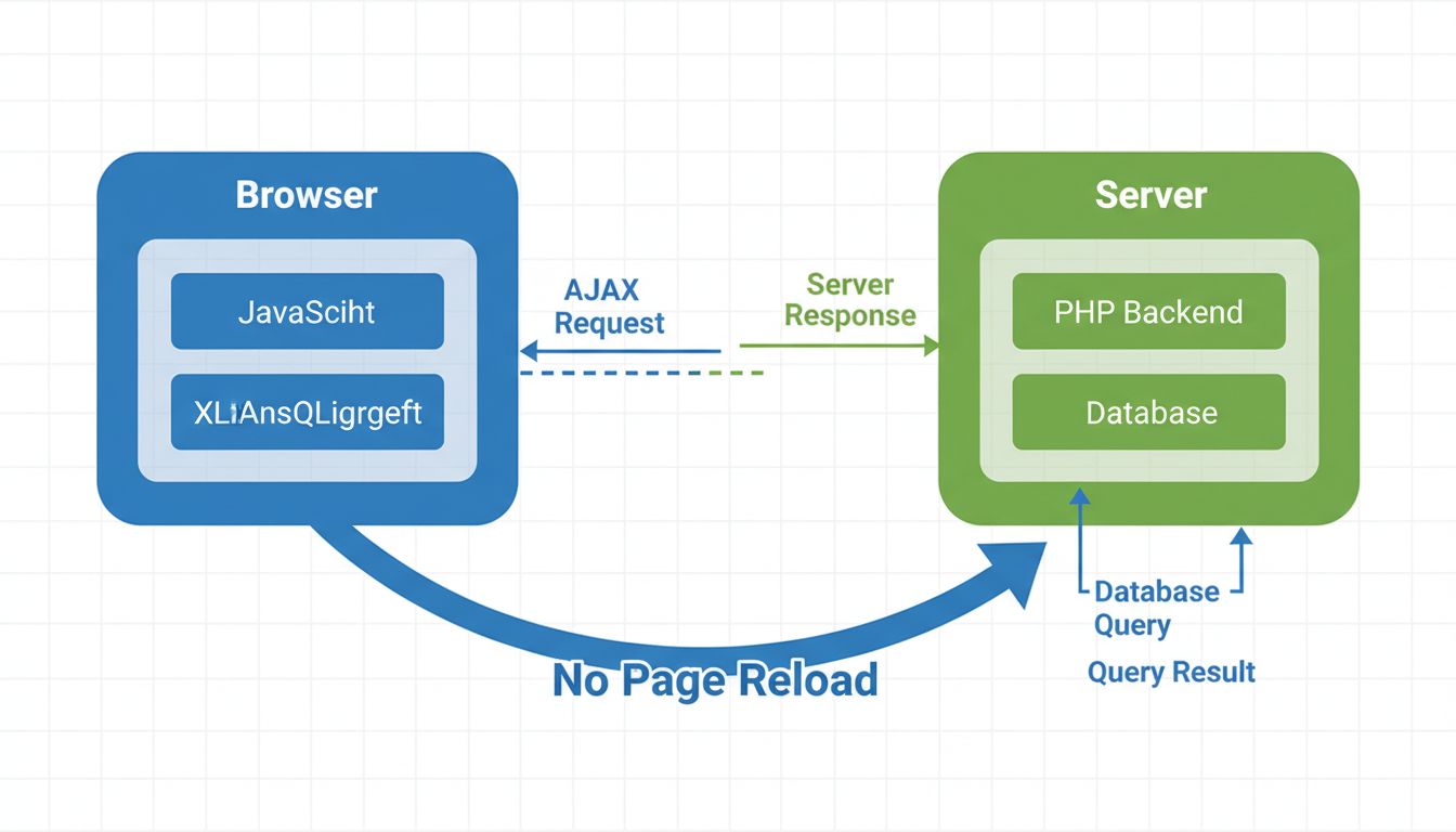 Diagramma del flusso di comunicazione AJAX che mostra l'interazione tra browser e server senza ricarica della pagina