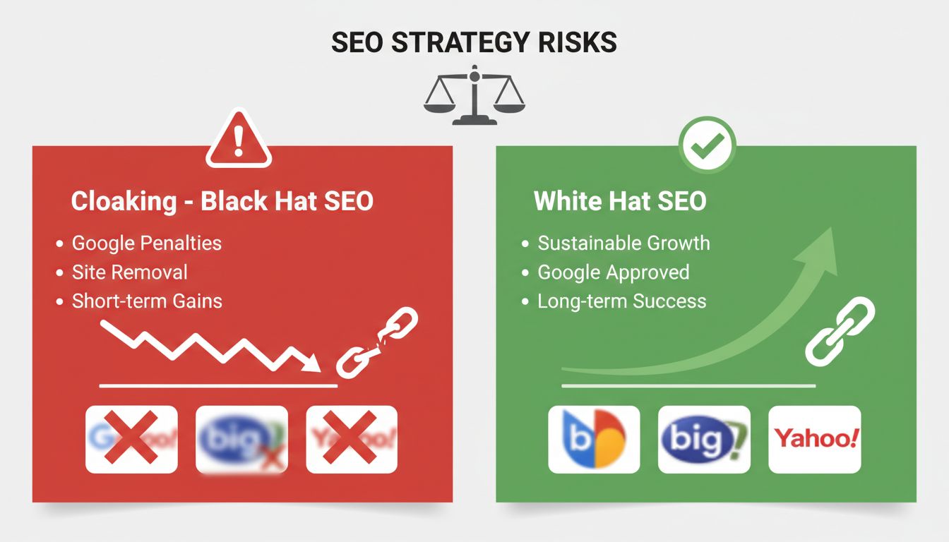 Confronto tra Black Hat SEO Cloaking e White Hat SEO - Rischi e Benefici