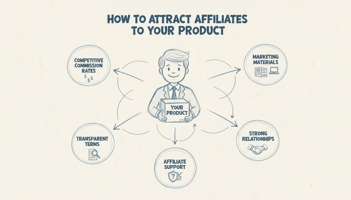 Diagramma disegnato a mano che mostra una strategia di reclutamento affiliati con un imprenditore collegato a più partner affiliati, con etichette per tassi di commissione, materiali di marketing, termini trasparenti, relazioni e supporto