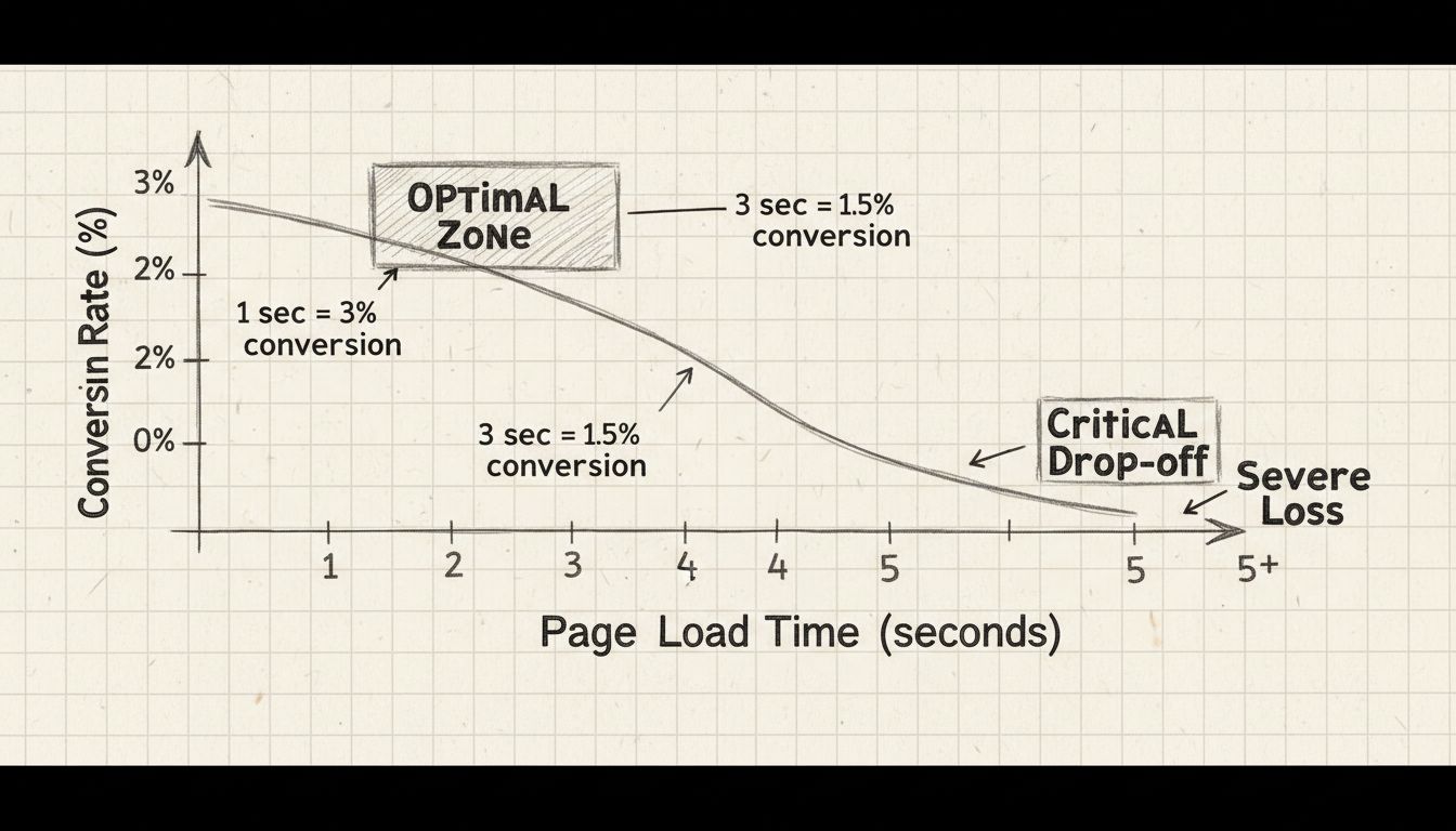 Diagramma disegnato a mano che mostra la relazione tra tempo di caricamento della pagina e tassi di conversione, con curva in calo dal 3% di conversione a 1 secondo allo 0,6% a 5+ secondi