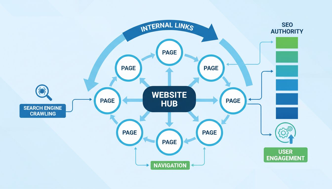 Diagramma della struttura di link di un sito che mostra link interni, navigazione, autorità SEO, coinvolgimento utenti e scansione dei motori di ricerca