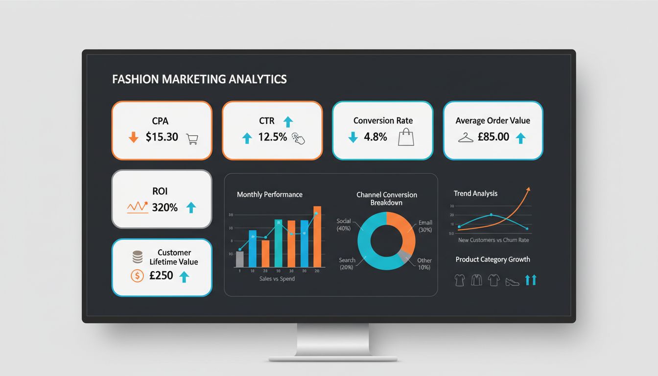 Dashboard KPI Marketing Moda che mostra CPA, CTR, Tasso di Conversione, ROI, CLV e metriche AOV con grafici analitici