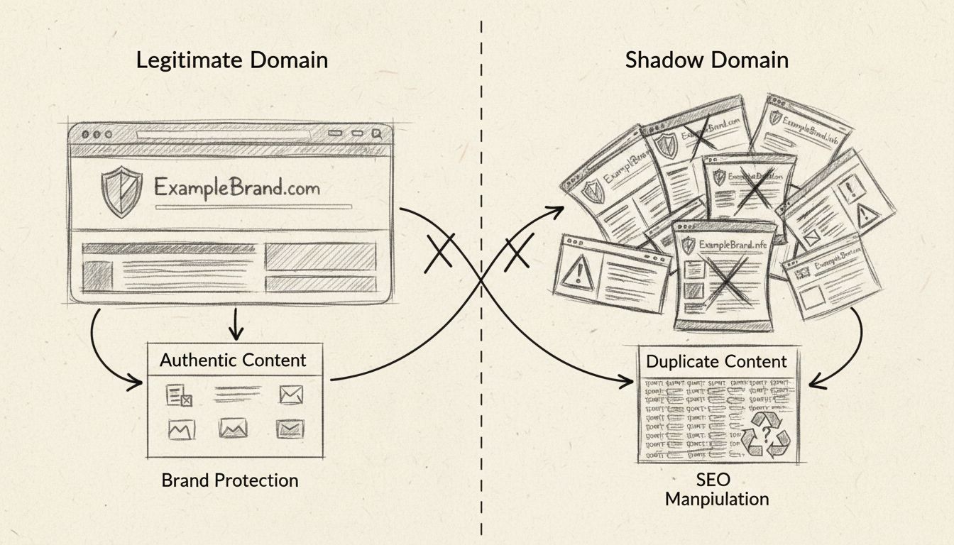 Diagramma disegnato a mano che confronta domini legittimi e domini ombra, evidenziando differenze in branding, autenticità dei contenuti e pratiche SEO