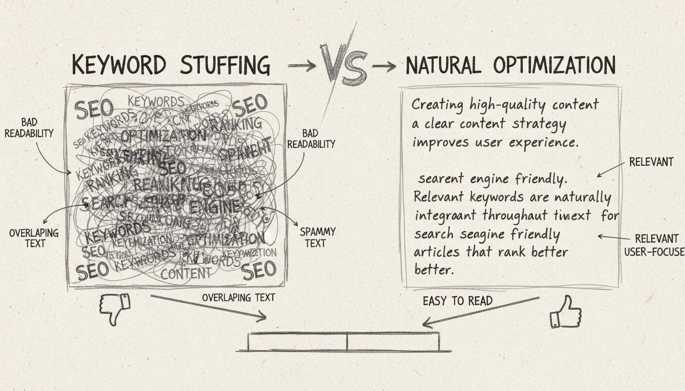 Diagramma a confronto che mostra il keyword stuffing rispetto all’ottimizzazione naturale delle parole chiave con annotazioni in stile matita