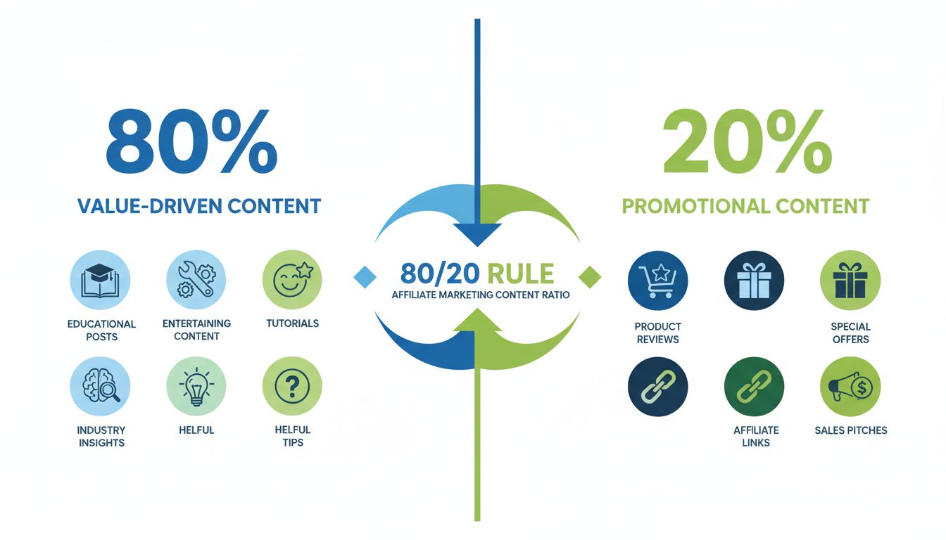 Infografica rapporto 80/20 che mostra 80% contenuti di valore e 20% contenuti promozionali per l’affiliate marketing
