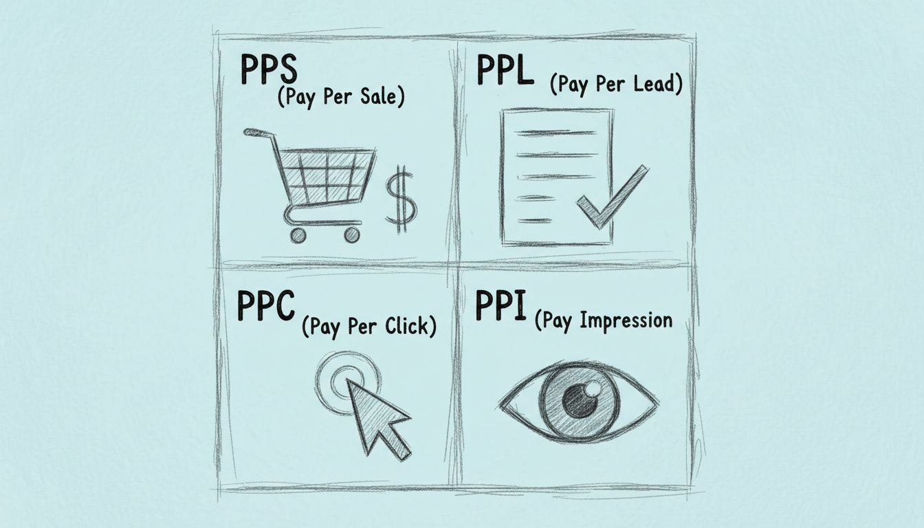 Diagramma comparativo dei modelli di pagamento affiliati che mostra PPS, PPL, PPC e PPI