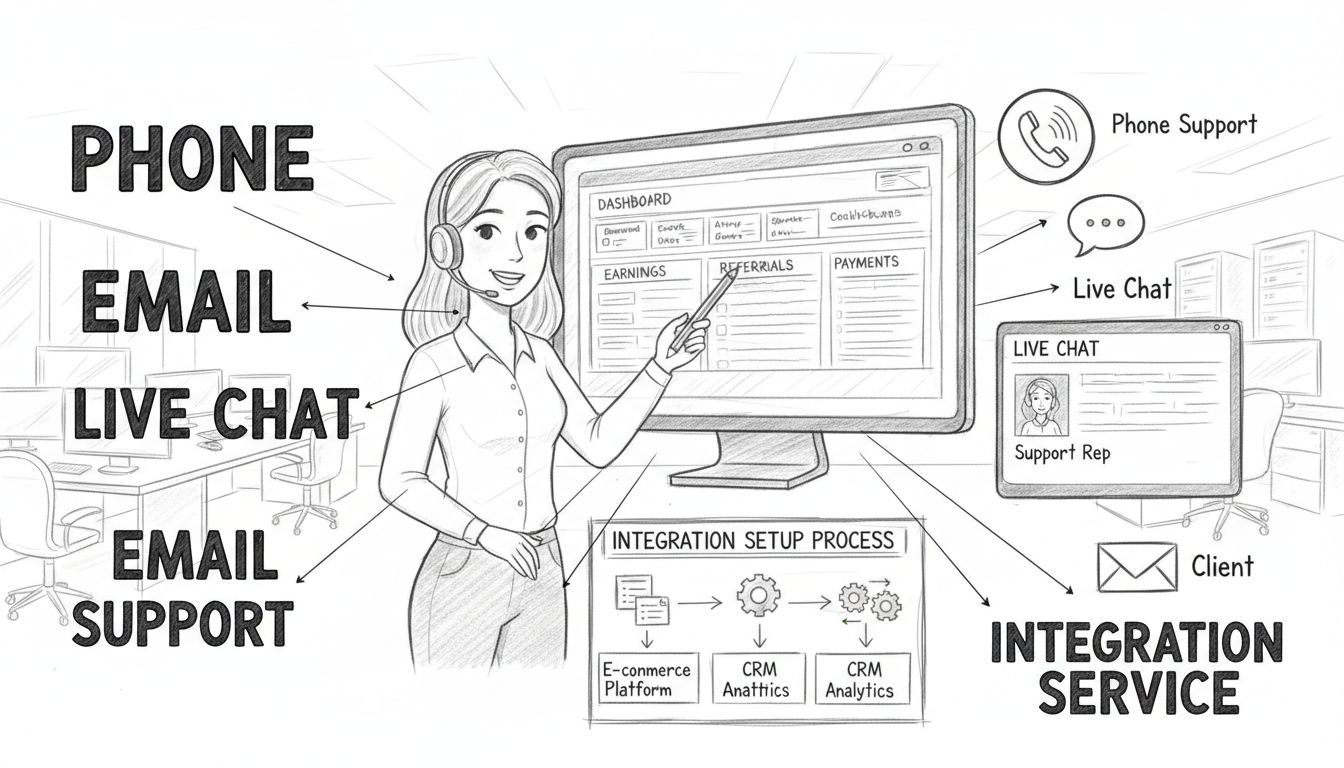 Team di assistenza clienti che offre supporto alla configurazione con telefono, email, live chat e canali di integrazione illustrati
