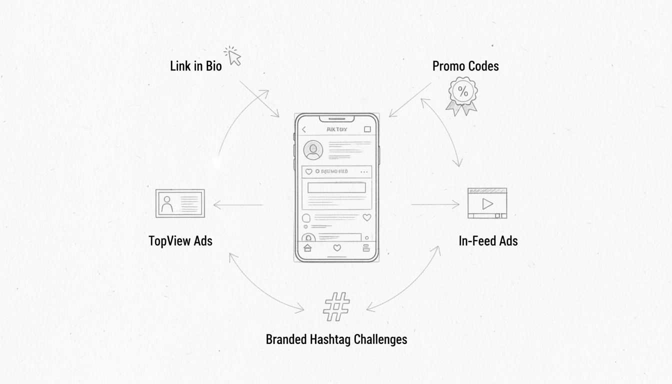 Diagramma strategico di affiliate marketing su TikTok che mostra il posizionamento dei link, codici promo, TopView ads, In-Feed ads e branded hashtag challenges