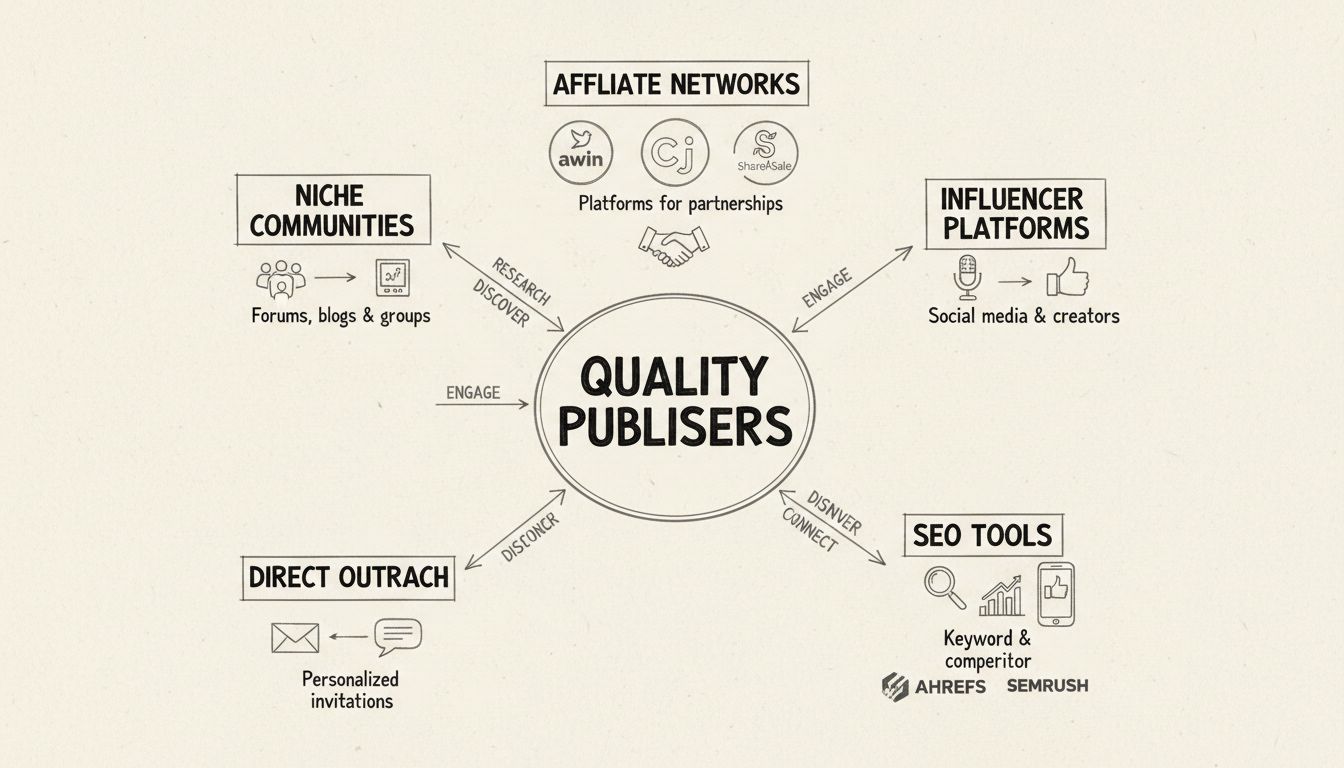 Diagramma disegnato a mano che mostra il processo di scoperta dei publisher nell'affiliate marketing con più canali tra cui network di affiliazione, piattaforme influencer, strumenti SEO, contatto diretto e community di nicchia