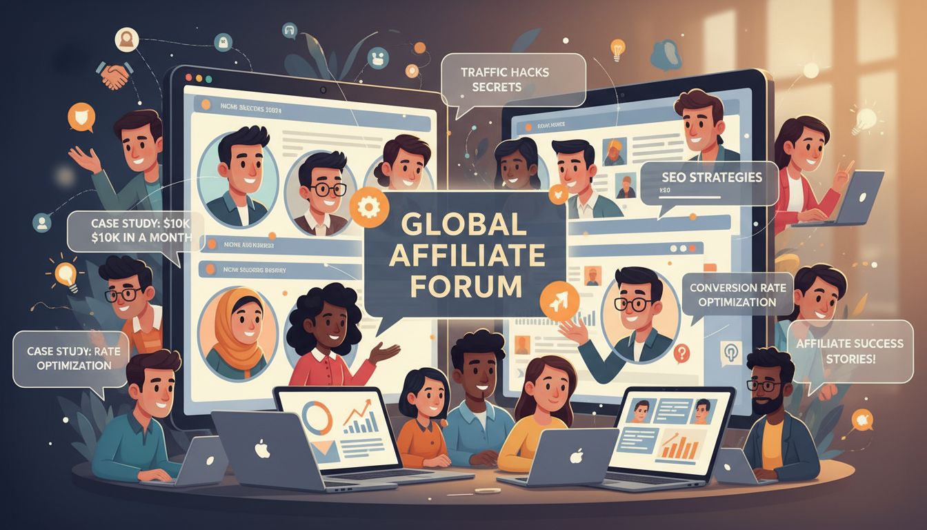 Marketer affiliati diversi che collaborano in una community online, discutendo strategie e condividendo case study