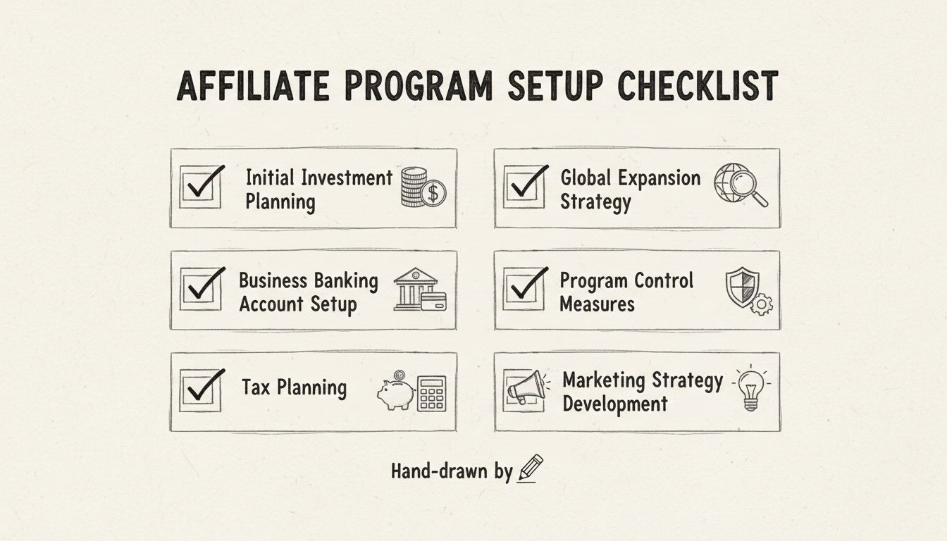 Checklist di setup di un programma affiliati che mostra pianificazione dell’investimento iniziale, banking aziendale, pianificazione fiscale, espansione globale, controllo del programma e strategia di marketing