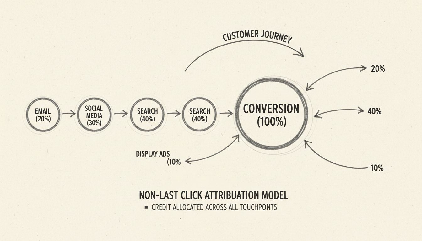 Diagramma del modello di attribuzione non last-click che mostra più touchpoint di marketing con distribuzione del credito tra i canali