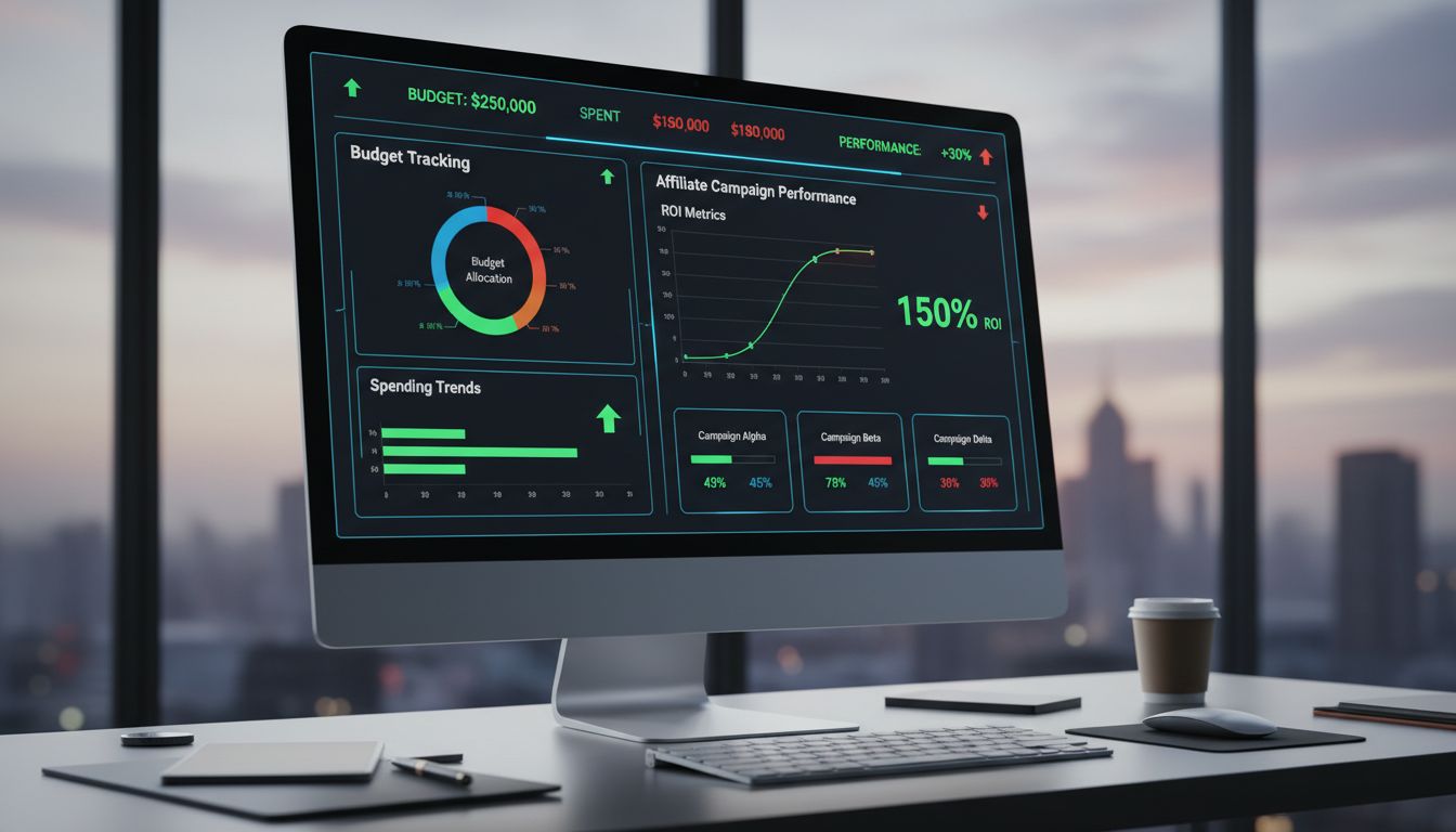 Dashboard professionale di monitoraggio budget che mostra metriche di performance della campagna e indicatori ROI
