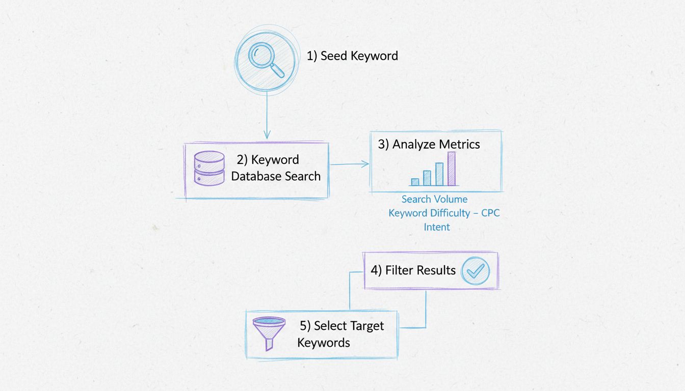 Diagramma del workflow di ricerca delle parole chiave che mostra i passaggi dalla keyword seed alla selezione della keyword target