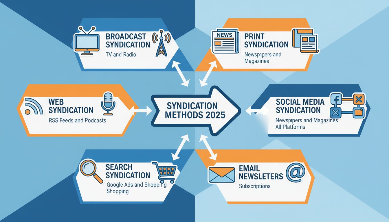 Infografica che mostra i diversi tipi di metodi di syndication inclusi broadcast, web, search, stampa, social media ed email syndication