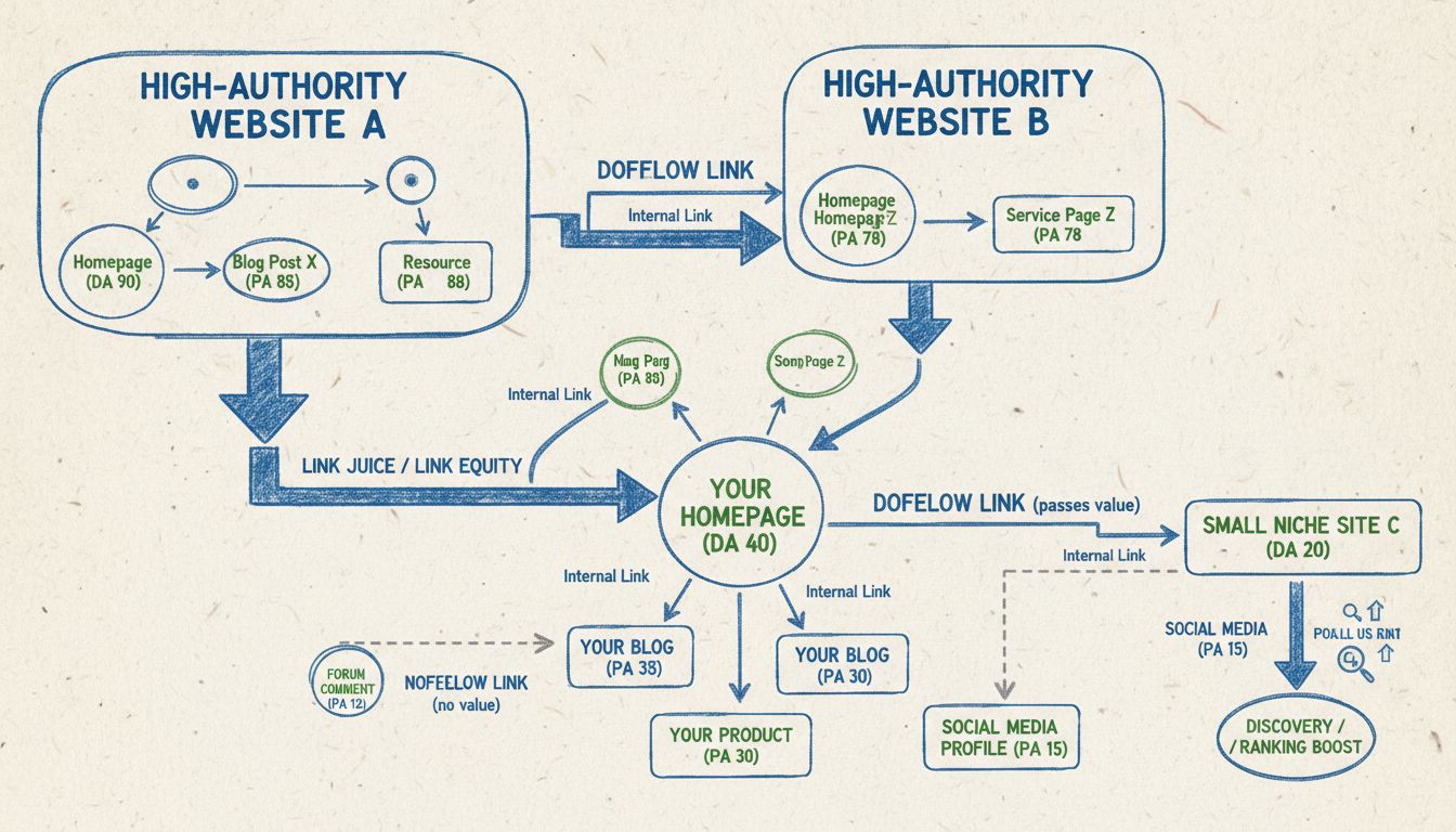 Diagramma tecnico che mostra il flusso del link juice nella SEO con link dofollow e nofollow