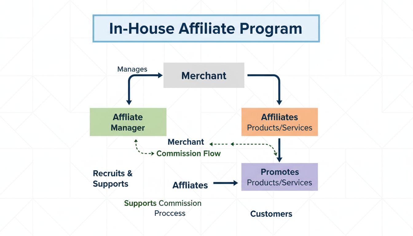 Diagramma della struttura di un programma di affiliazione in-house che mostra commerciante, affiliate manager, affiliati e clienti con flusso delle commissioni