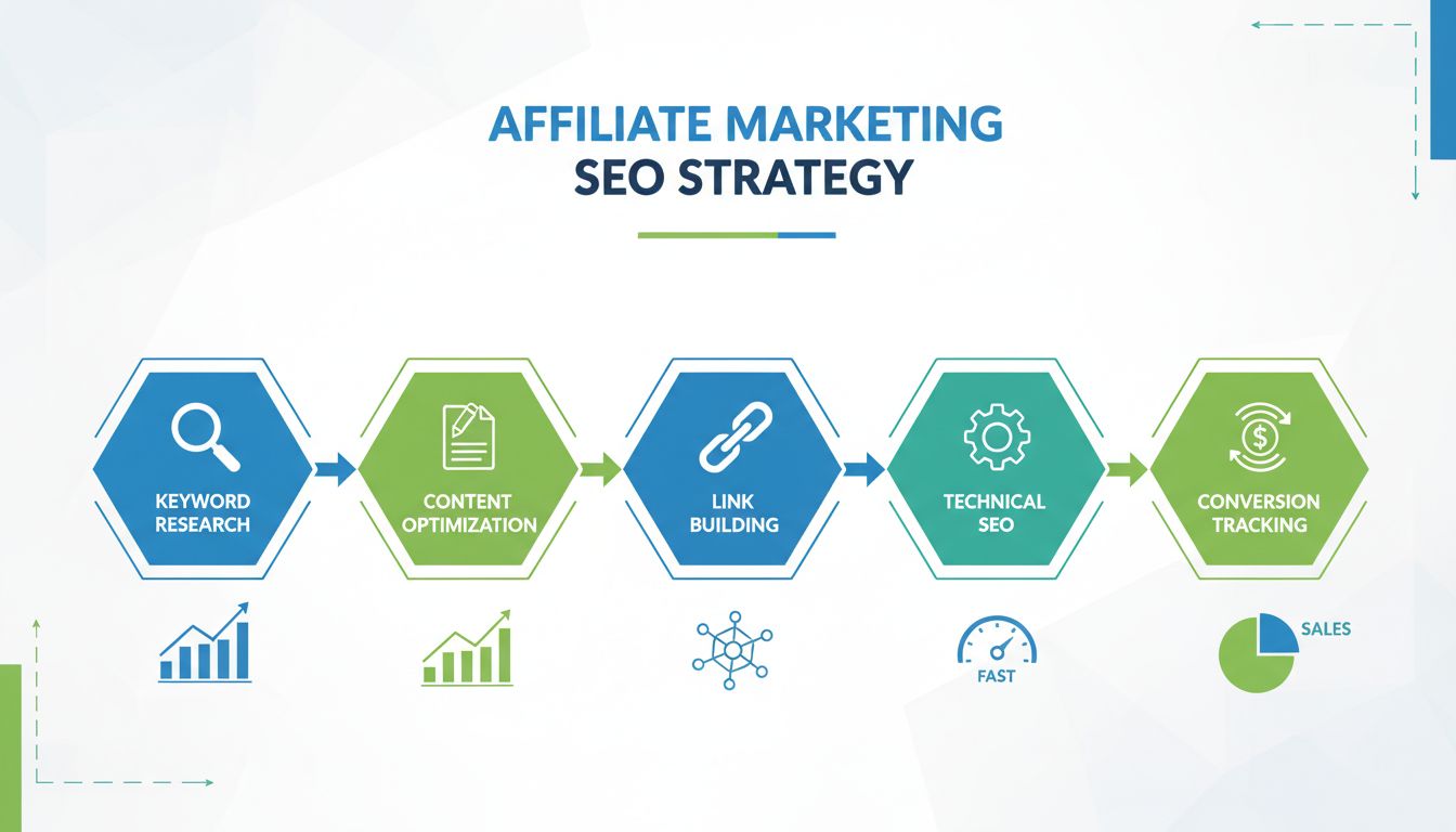 Infografica strategia SEO per affiliate marketing che mostra ricerca parole chiave, ottimizzazione contenuti, link building, SEO tecnica e tracciamento conversioni