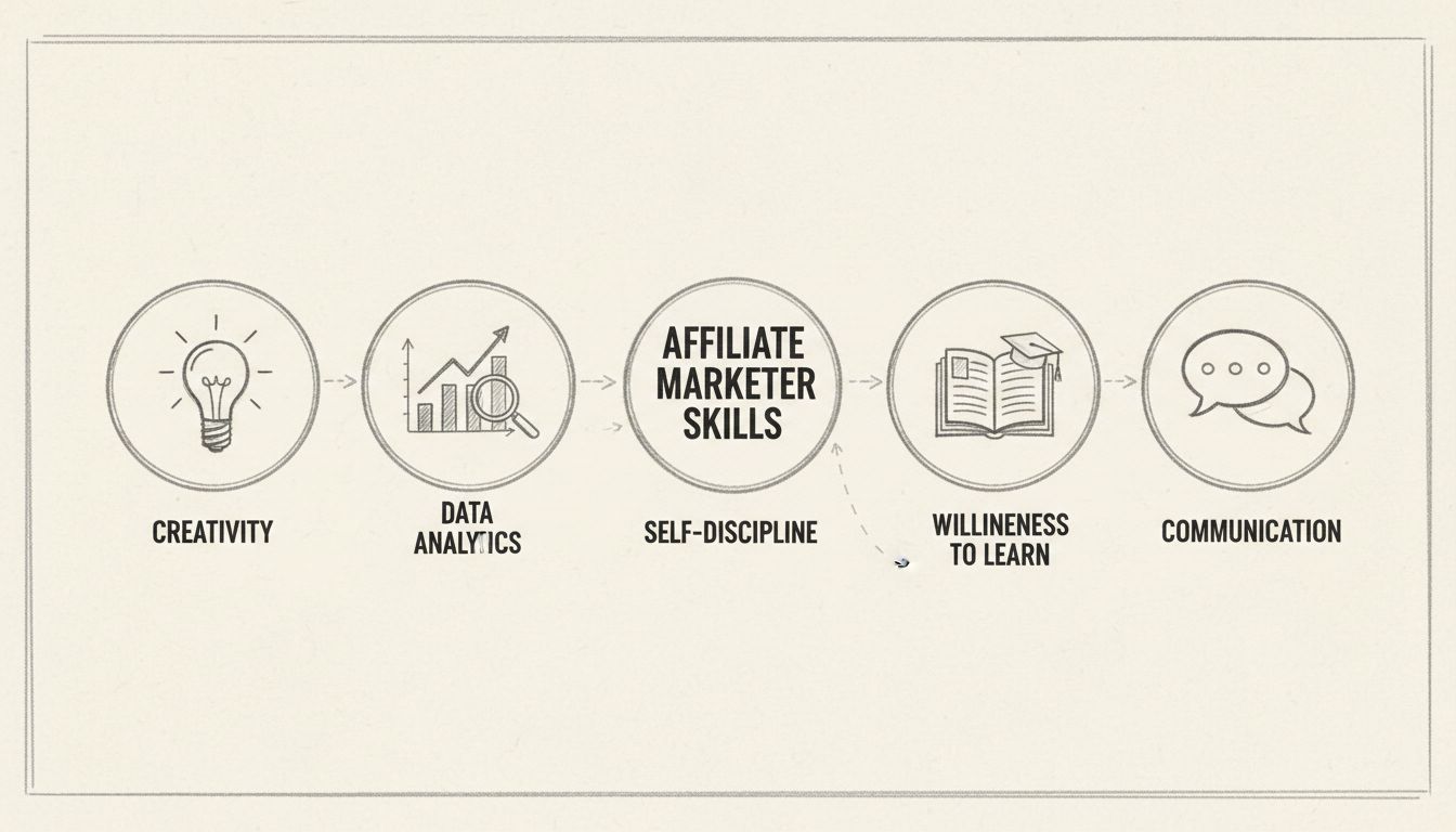 Schema disegnato a mano che mostra le 5 competenze essenziali dell'affiliate marketer: Creatività, Analisi dei Dati, Autodisciplina, Voglia di Imparare e Comunicazione