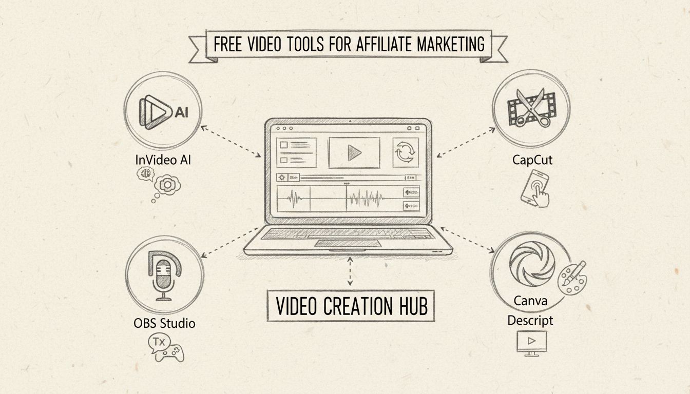 Strumenti gratuiti per la creazione di video per l'affiliate marketing tra cui Invideo AI, CapCut, Canva, Descript e OBS Studio