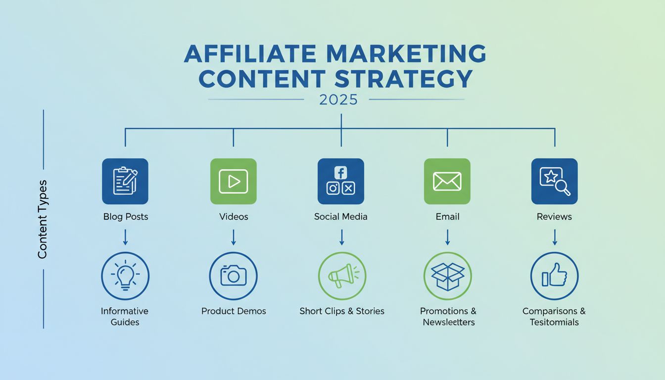 Strategia dei tipi di contenuti per affiliate marketing: infografica che mostra articoli blog, video, social media, email marketing e recensioni di prodotti