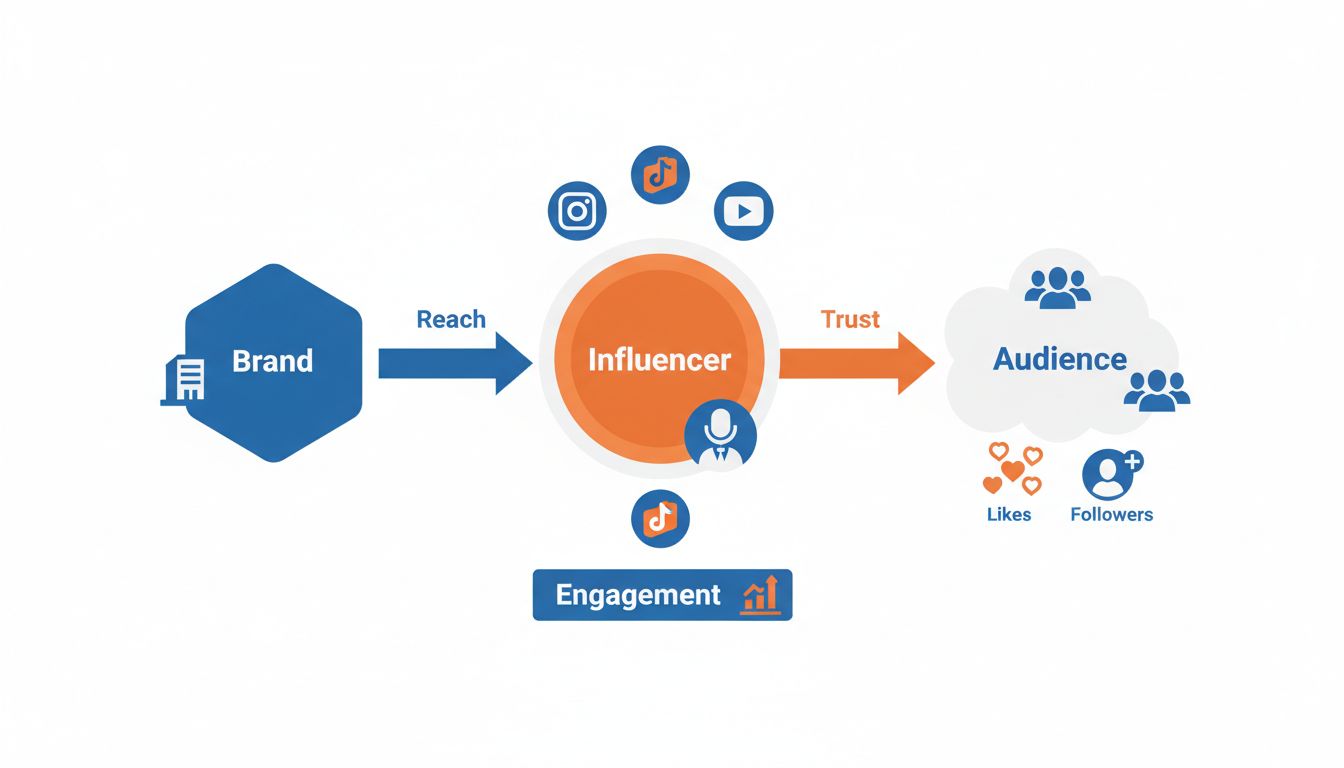 Infografica sulla strategia di influencer marketing che mostra la connessione tra brand, influencer e pubblico con icone social e metriche di engagement