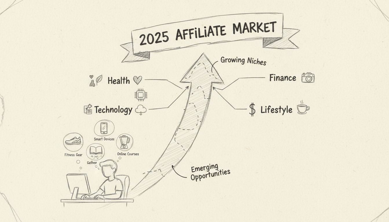 Diagramma disegnato a mano che mostra le opportunità di crescita dell'affiliate marketing con una freccia verso l'alto e più categorie di nicchia che si diramano
