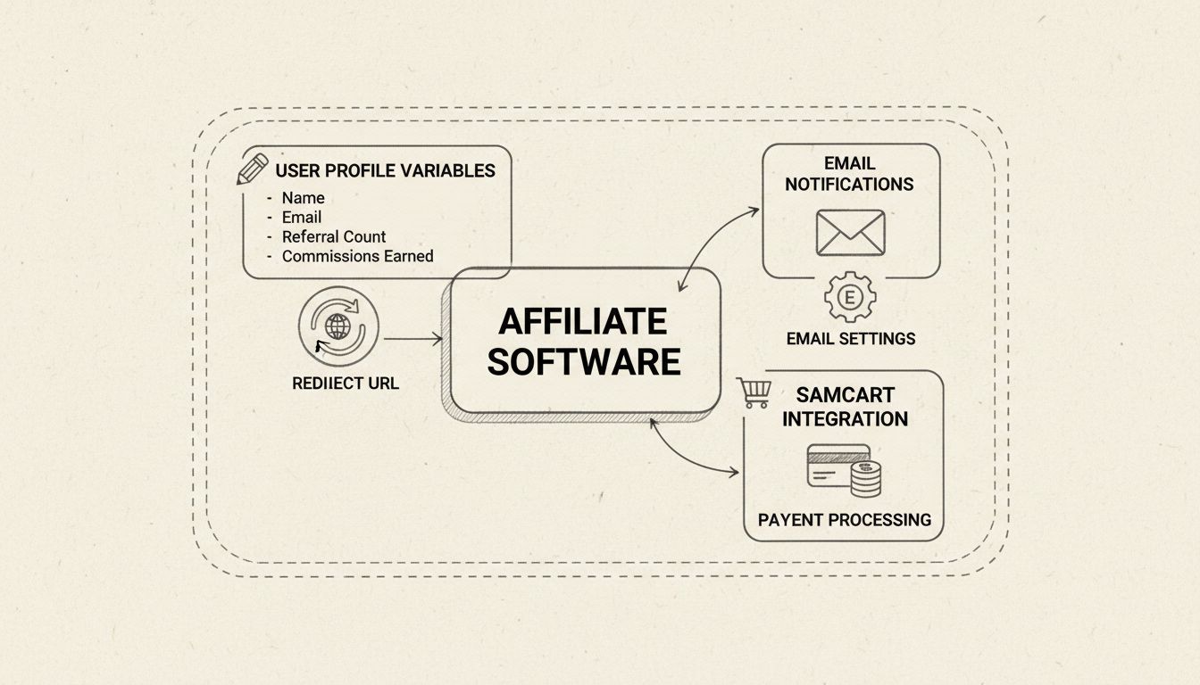 Diagramma tecnico che mostra variabili del profilo utente, notifiche email e funzionalità di integrazione Samcart nel software di affiliazione