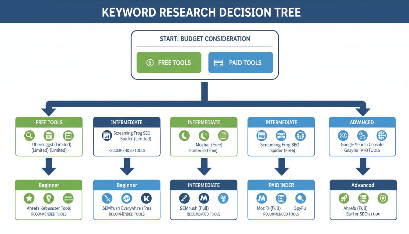 Diagramma ad albero decisionale per la selezione di strumenti di ricerca parole chiave in base a budget e livello di esperienza