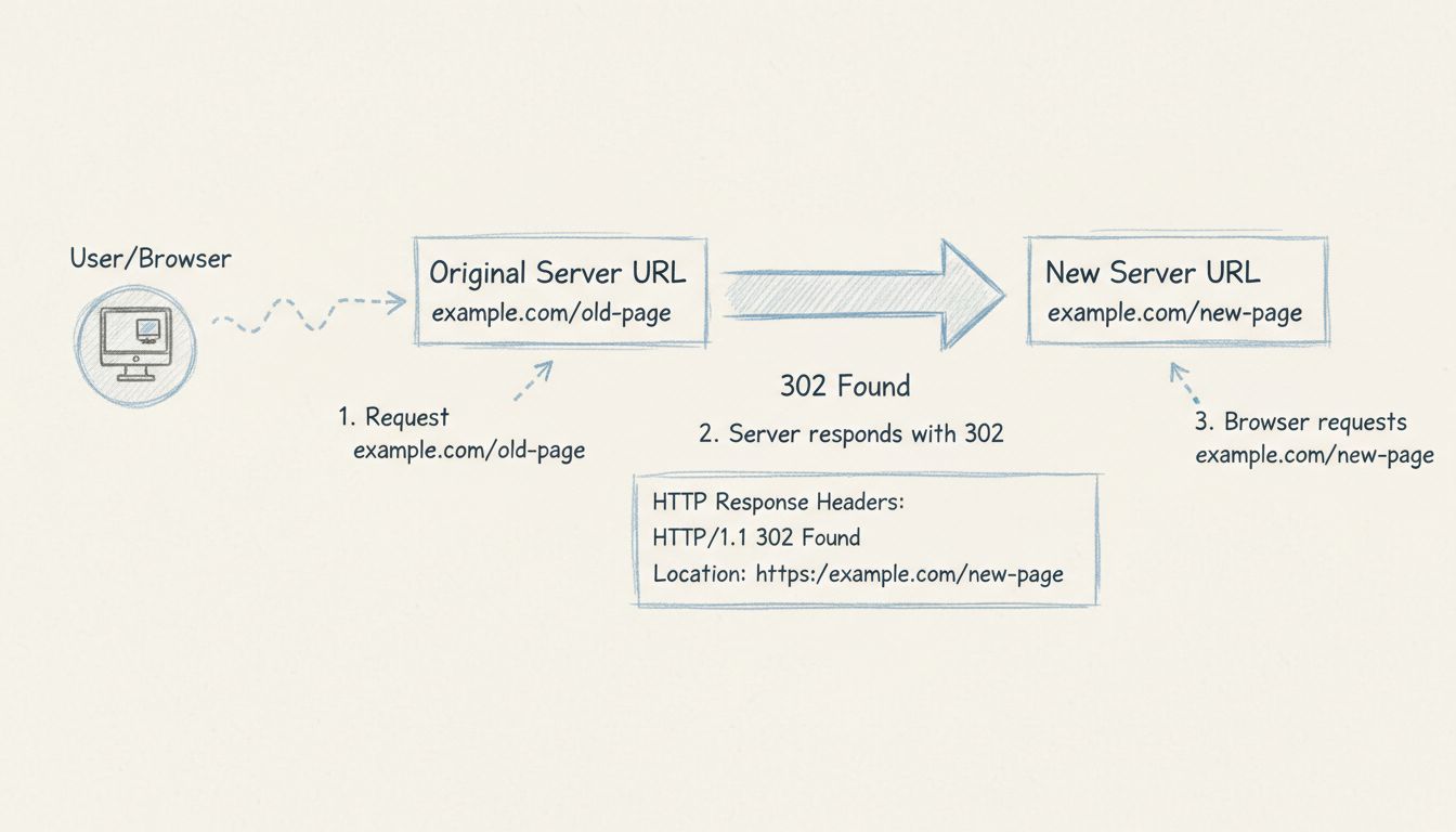 Diagramma del flusso di reindirizzamento HTTP 302 che mostra la richiesta del browser, la risposta del server con codice di stato 302 e il reindirizzamento verso la nuova destinazione