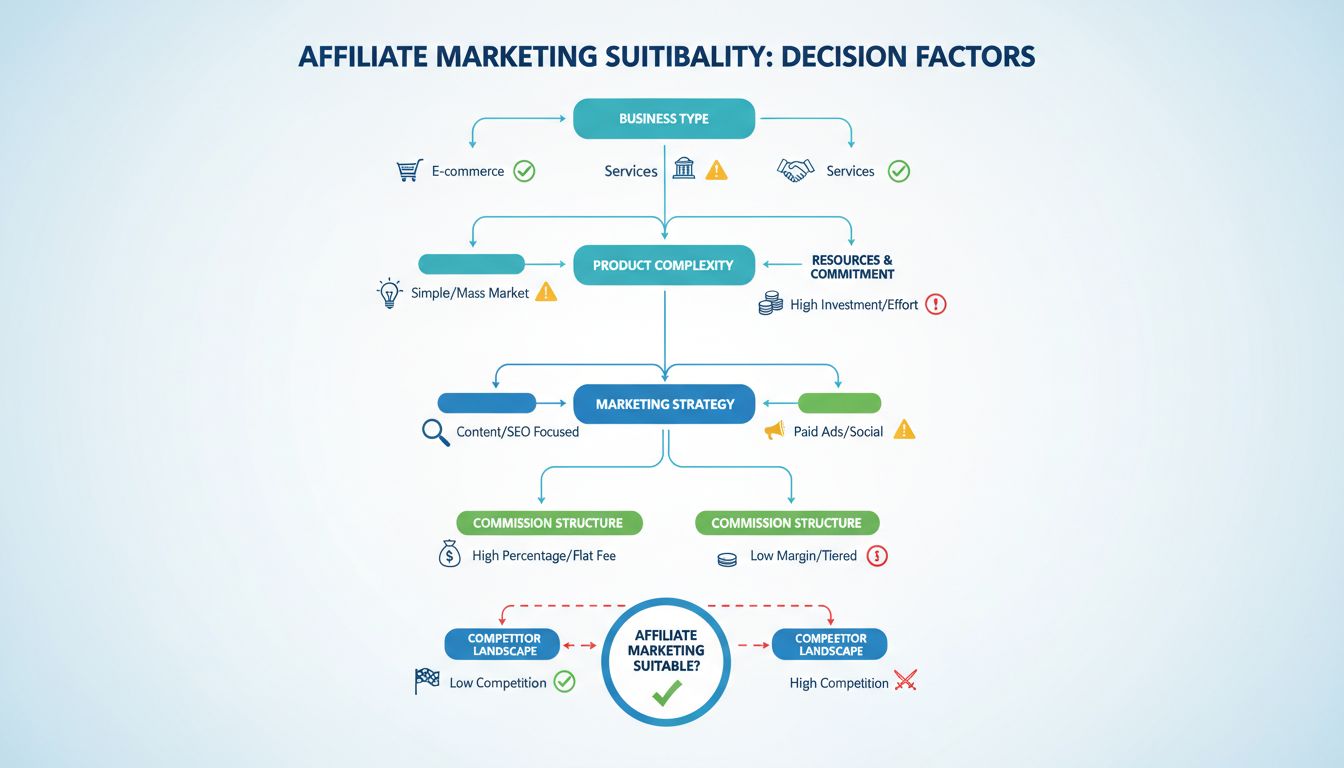 Fattori decisionali per l’idoneità al marketing di affiliazione tra cui tipo di business, complessità del prodotto, risorse, strategia di marketing, struttura delle commissioni e panorama competitivo