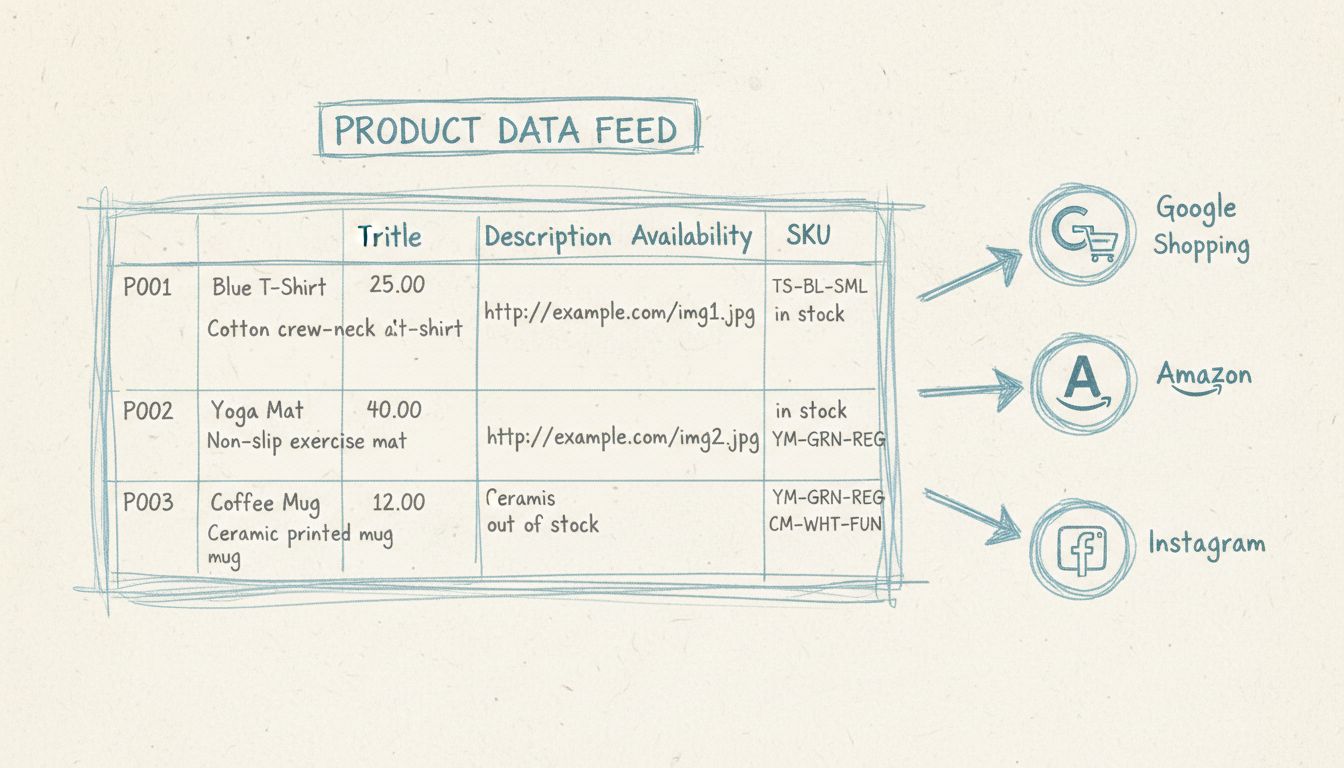 Diagramma della struttura di un feed prodotto che mostra un foglio di calcolo con dati di prodotto inviati a più piattaforme
