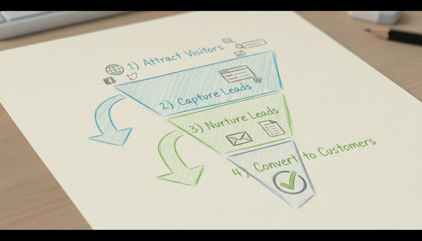 Diagramma del funnel di lead generation che mostra le quattro fasi: Attrarre Visitatori, Catturare Lead, Coltivare Lead e Convertire in Clienti con frecce che scorrono verso il basso