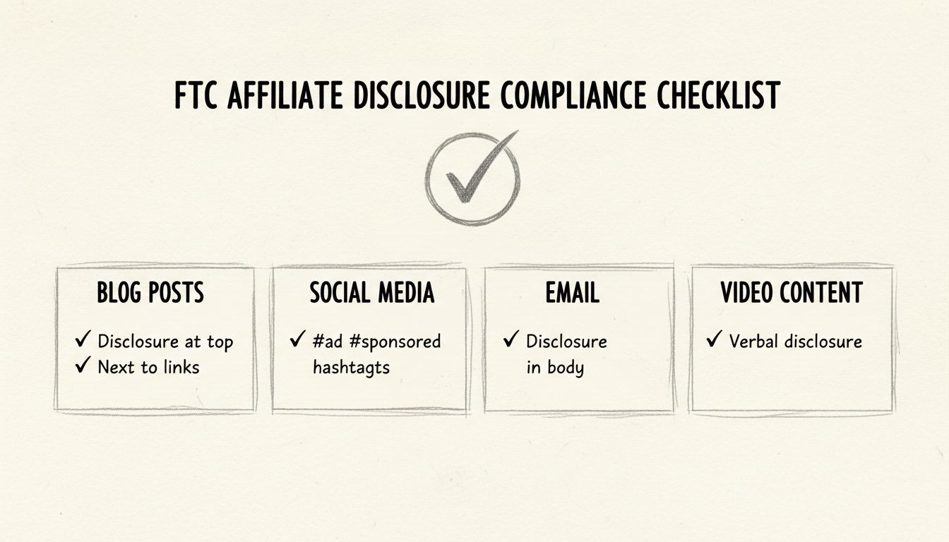 Lista di controllo della conformità FTC per le dichiarazioni di affiliazione che mostra il corretto posizionamento della disclosure per blog, social, email e contenuti video