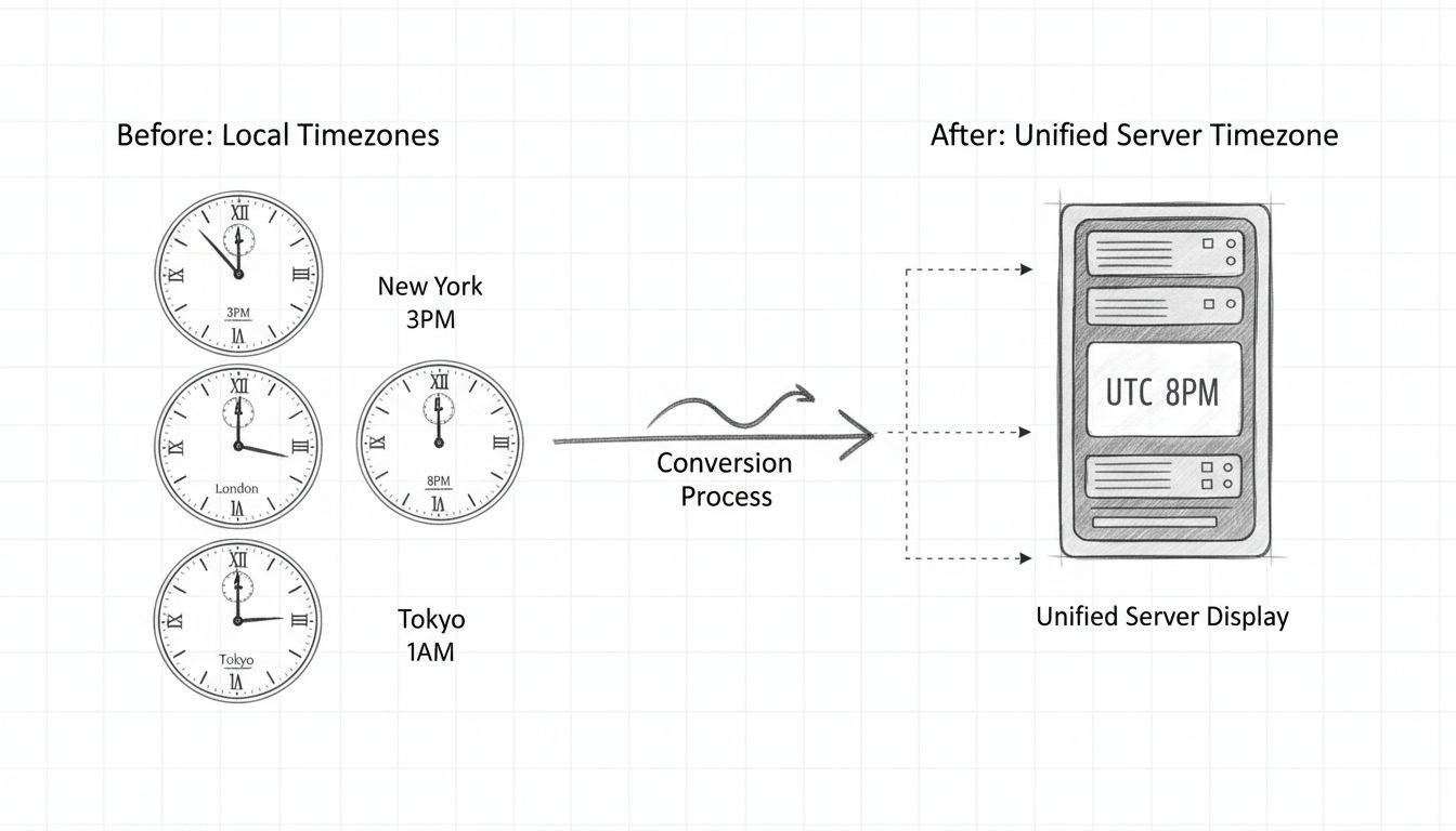 Diagramma di unificazione dei fusi orari che mostra la conversione di più fusi locali in un fuso orario unificato del server