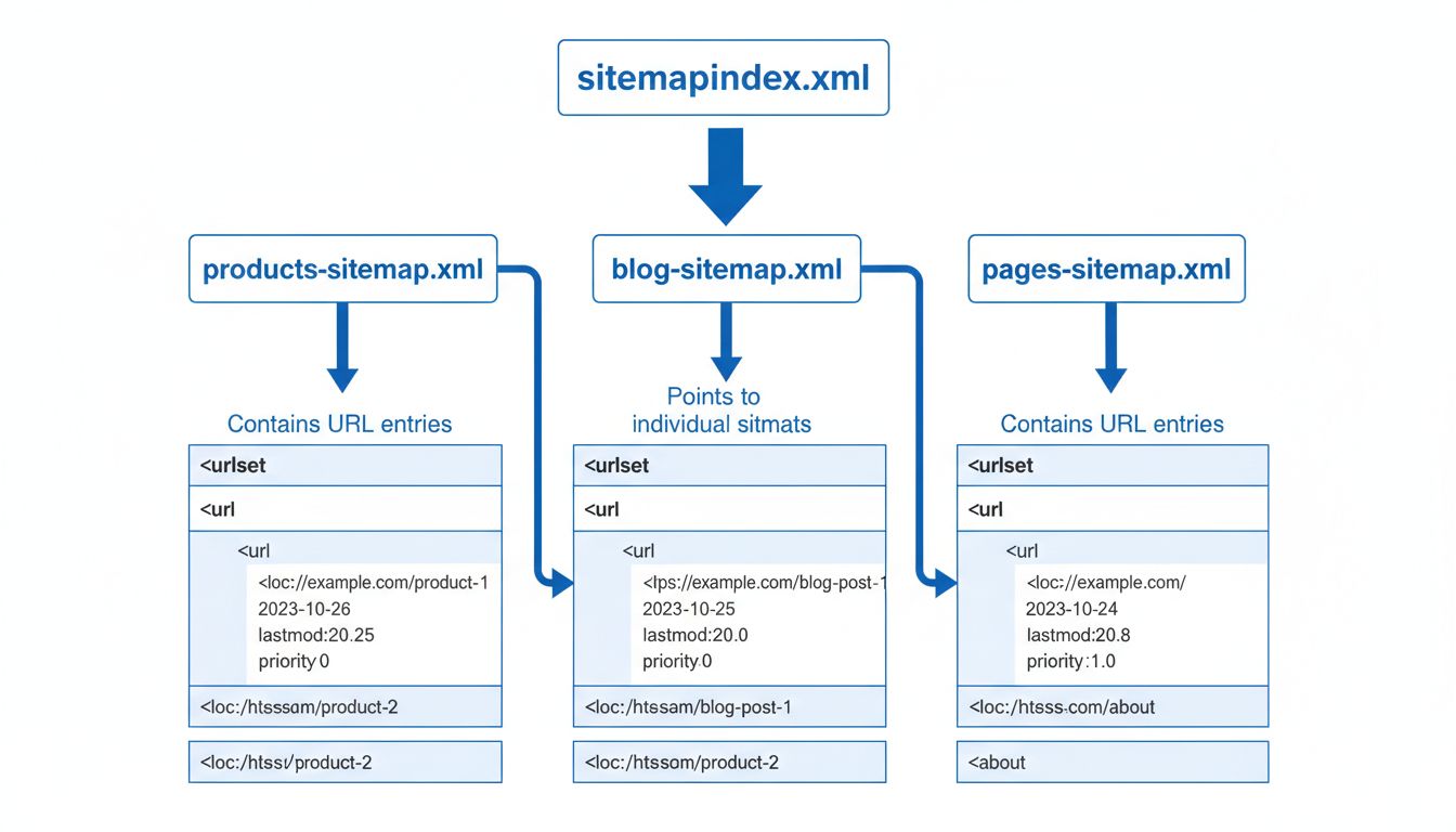 Diagramma della struttura di una sitemap XML che mostra un indice sitemap collegato a più sitemap singole con voci URL