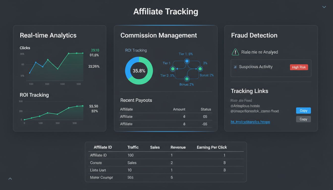 Dashboard di Post Affiliate Pro che mostra metriche di tracciamento affiliati, analytics in tempo reale, gestione delle commissioni, rilevamento frodi e monitoraggio del ROI