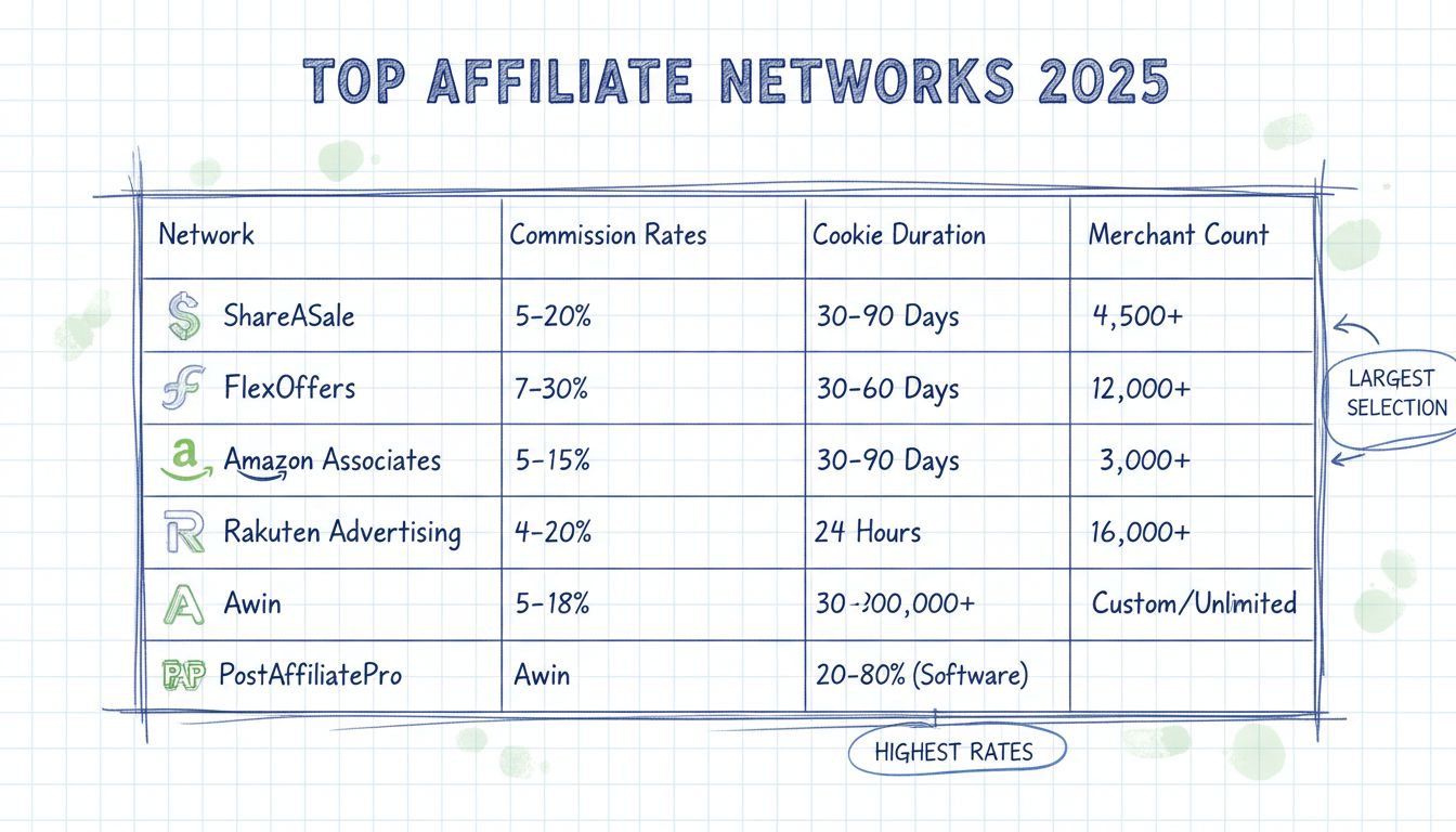 Grafico comparativo delle principali reti di affiliazione che mostra percentuali di commissione, durata dei cookie e numero di merchant