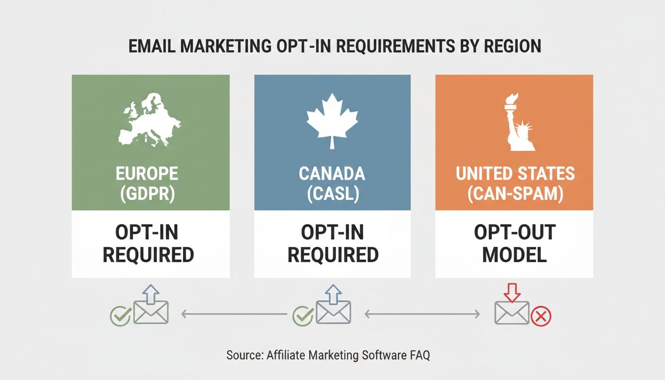 Requisiti di opt-in per l’email marketing per regione: Europa GDPR opt-in obbligatorio, Canada CASL opt-in obbligatorio, Stati Uniti CAN-SPAM modello opt-out