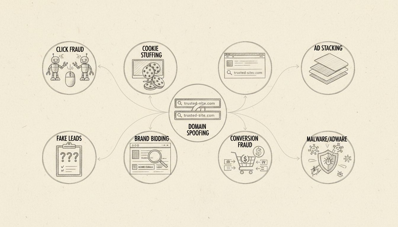 Diagramma disegnato a mano che mostra 8 tipi di frode affiliata tra cui click fraudolenti, cookie stuffing, lead falsi, brand bidding, domain spoofing, ad stacking, conversion fraud e malware