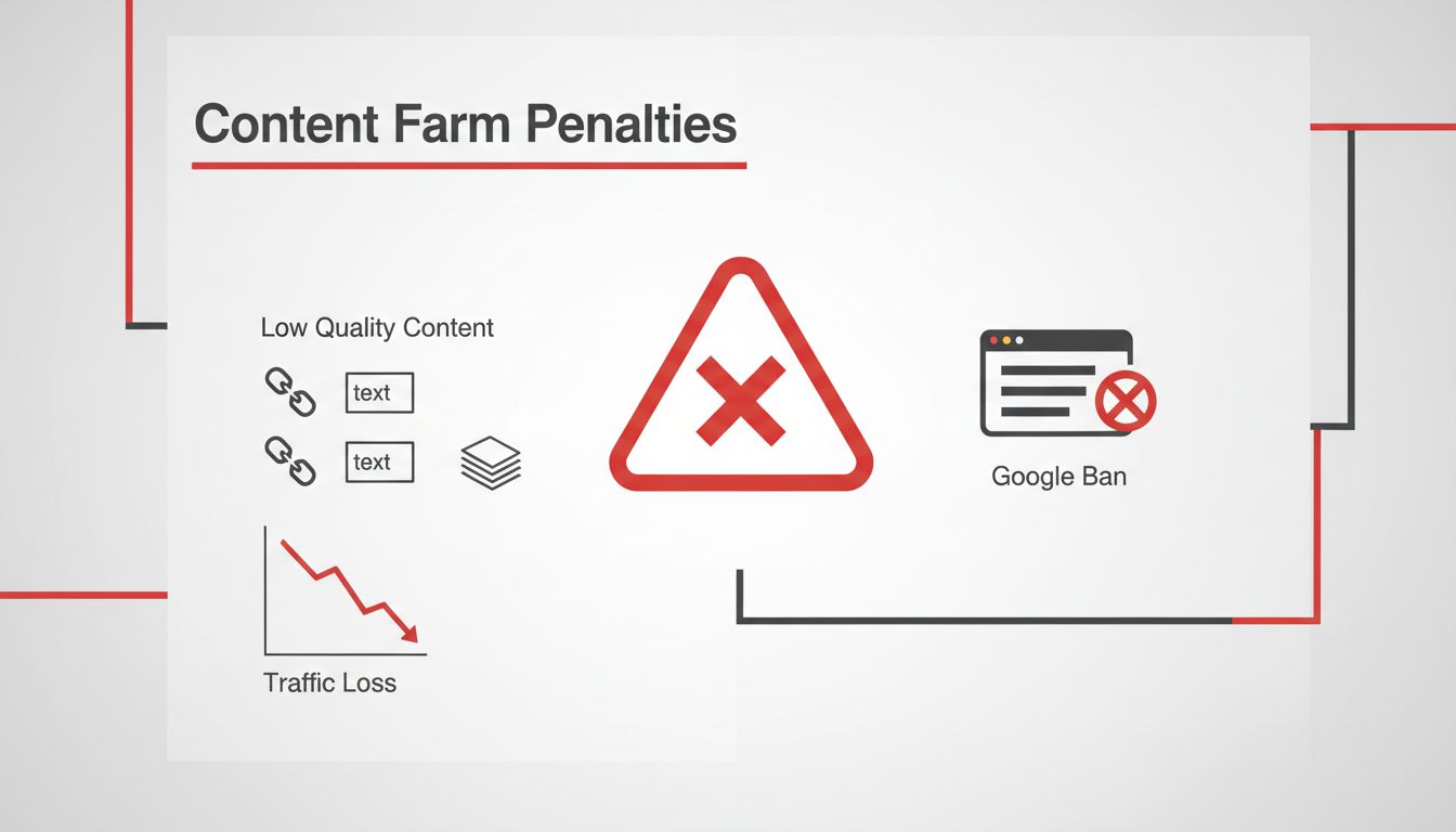 Penalizzazioni Google e conseguenze dei content farm con simboli di avviso, perdita di traffico e calo del posizionamento nei risultati di ricerca