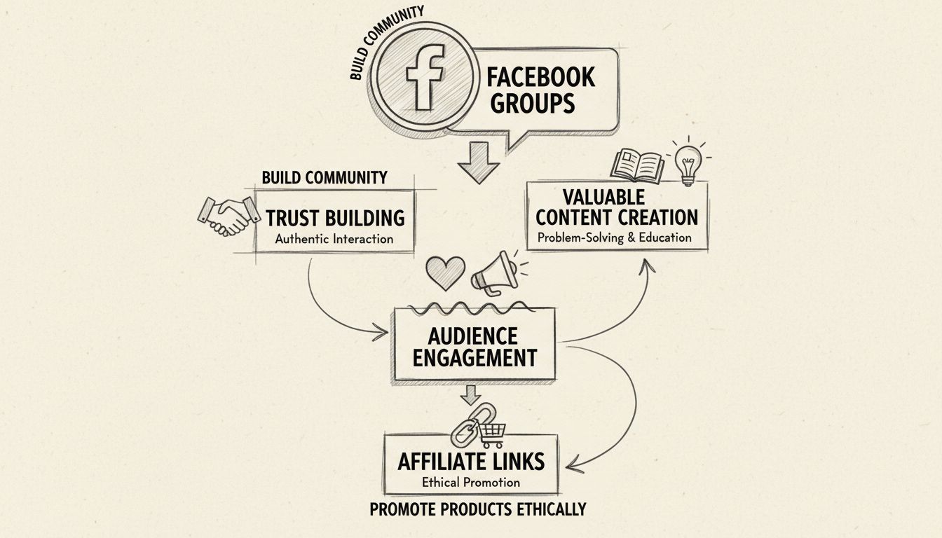 Diagramma della strategia di affiliate marketing su Facebook che mostra la costruzione della fiducia, la creazione di contenuti e il flusso di promozione etica