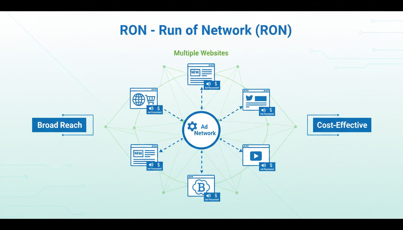Diagramma della strategia pubblicitaria RON Run of Network che mostra più siti web collegati in una rete con le posizioni pubblicitarie distribuite tra essi