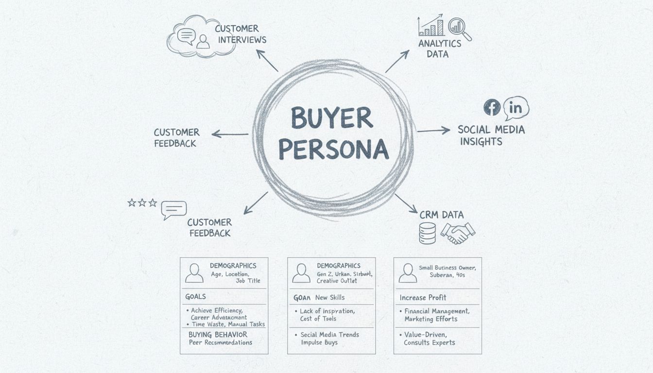 Diagramma del processo di creazione delle buyer persona che mostra fonti di ricerca e componenti del profilo persona
