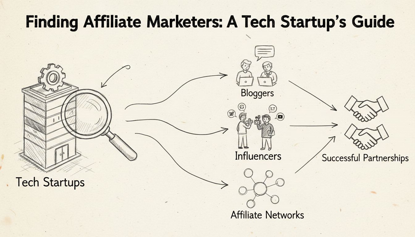 Diagramma disegnato a mano che mostra i percorsi di una startup tech per trovare marketer affiliati tramite blogger, influencer e network di affiliazione