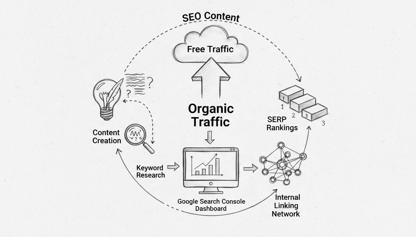 Diagramma della strategia di contenuto SEO che mostra il flusso di traffico organico, la ricerca di parole chiave, i posizionamenti SERP e la rete di link interni