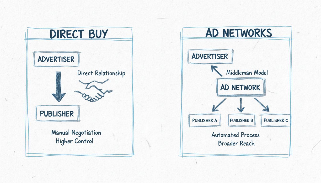 Diagramma comparativo che mostra i modelli Acquisto Diretto vs Reti Pubblicitarie con relazione diretta a sinistra e modello intermediario a destra