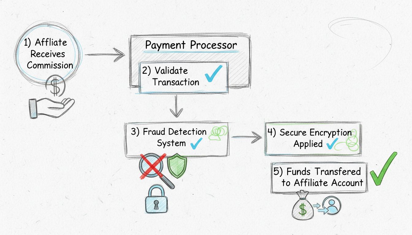 Diagramma del flusso di lavoro di un processore di pagamento che mostra la validazione delle commissioni affiliate, il rilevamento delle frodi, la crittografia e il trasferimento dei fondi